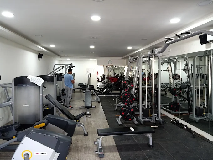 Wide view of Zeus Fitness Studio training floor with weight machines and free weights