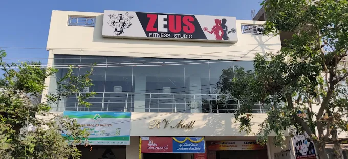 Zeus Fitness Studio storefront signage at RV Mall, Pudupattinam