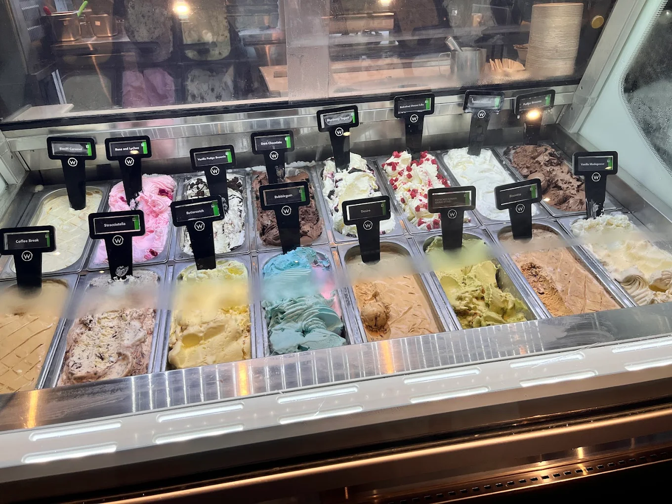 Gelato counter with flavours on display